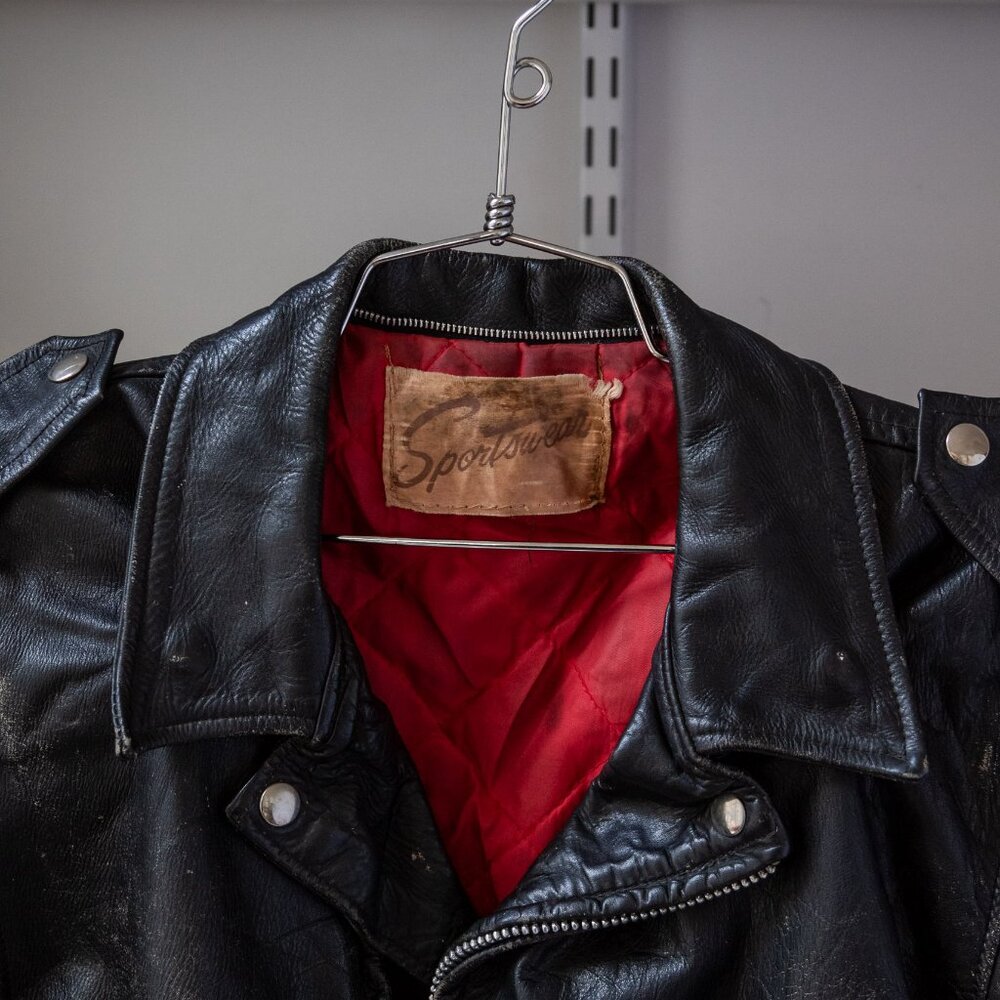 Vintage Black Leather Bomber Jacket with Red Lining - Picture 2 of 11